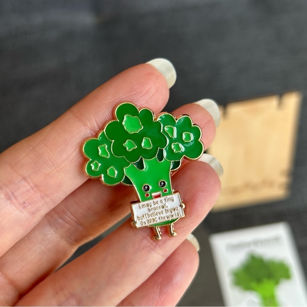 Positive Broccoli Enamel Pin Affirmation Card Set Gold Green - Picture 10 of 17